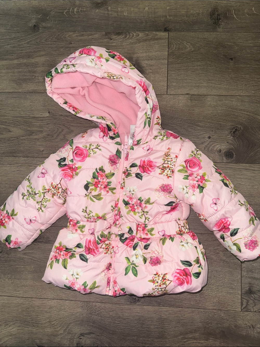 Little Lass Pink Floral Hooded Puffer Coat